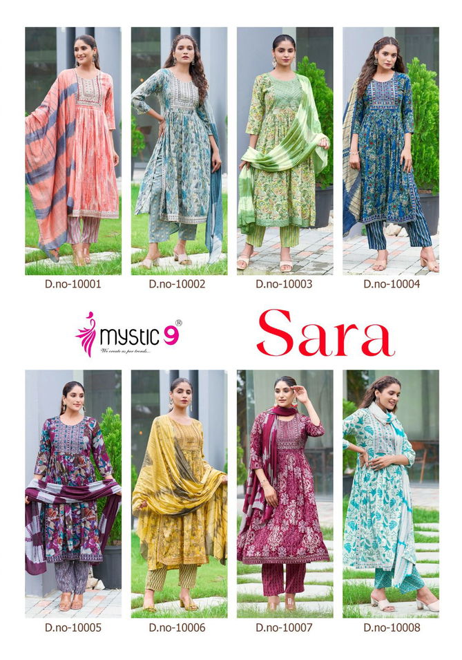 Sara Vol 10 By Mystic 9 Rayon Embroidery Printed Kurti With Bottom Dupatta Wholesale Shop In Surat
